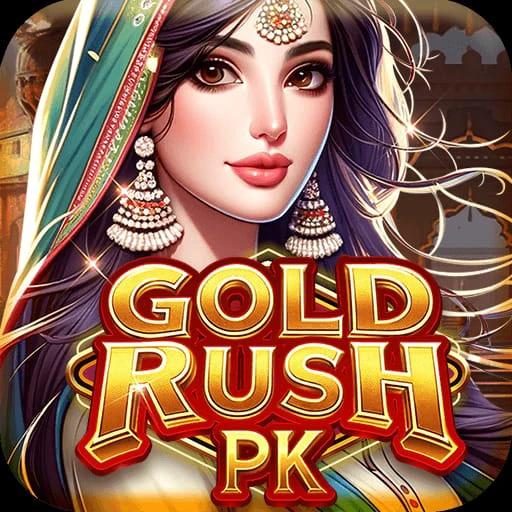 Illustration of a woman in traditional attire with jewelry, next to the Gold Rush PK Game Logo in bold, golden-red text.